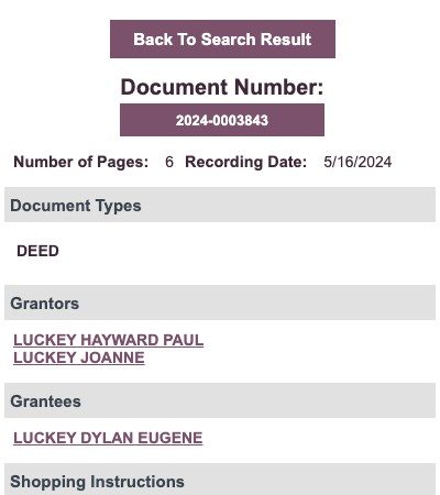May 16, 2024: Hayward Paul and Joanne Luckey to Dylan Eugene Luckey