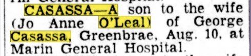August 26, 1965: a son born at Marin General Hospital to the Casassas of Greenbrae