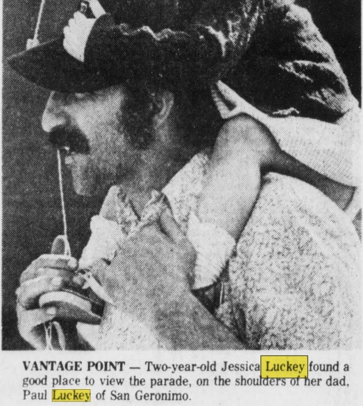 April 22, 1974: "Two-year-old Jessica Luckey found a good place to view the parade, on the shoulders of her dad, Paul Luckey of San Geronimo