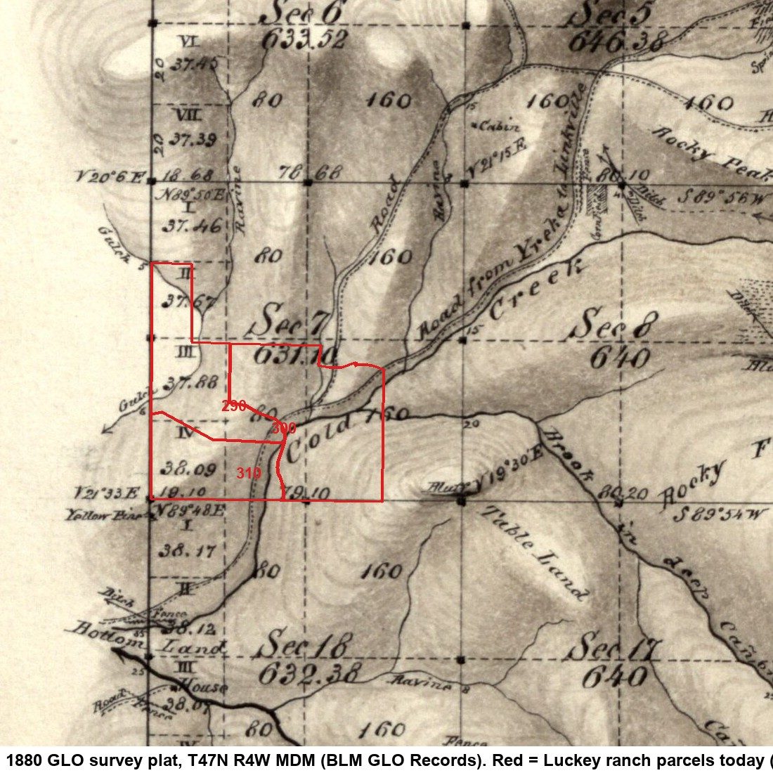 The 1880 government survey of Section 7, with today's three parcels drawn on in red