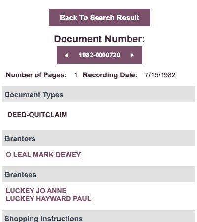 July 15, 1982: Mark Dewey O'Leal signs his share over to Jo Anne and Hayward Paul Luckey